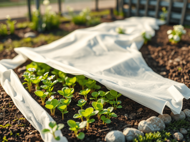 Valge kattelooriga kaetud köögiviljapeenar kevadises aias
