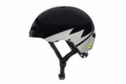 Jalgrattakiiver Nutcase Darth Lightnin' Reflective MIPS 56-60 cm, must ja hõbedane disain, turvaline rihmakinnituse süsteem, valge taust.