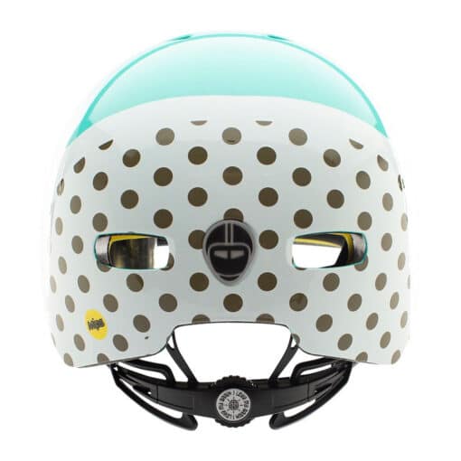 Jalgrattakiiver Nutcase Tiffany's Brunch Reflective MIPS 56-60cm, valge taustaga, kaetud pruunide täppidega, mis annab stiilse ja moodsa välimuse. Kiivri esiküljel on ventilatsiooniavad ja turvalisust suurendav MIPS-tehnoloogia.