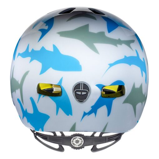 Jalgrattakiiver Nutcase Shark Gloss MIPS 48-52cm | E-pood Tootemaailm Jalgrattakiiver Nutcase Shark Gloss MIPS 48-52cm, kaetud haikujuliste mustritega ja varustatud turvalise MIPS süsteemiga, valgel taustal.