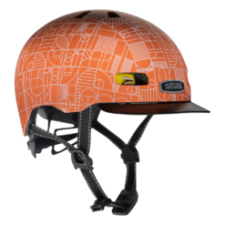 Ere oranž linnakiiver Nutcase Street, Bahous MIPS M, futuristliku mustriga, mis pakub turvalisust ja stiili. Kaasas on reguleeritavad rihmad ja mugav sisemine polsterdus rohelisel taustal.