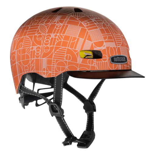 Ere oranž linnakiiver Nutcase Street, Bahous MIPS M, futuristliku mustriga, mis pakub turvalisust ja stiili. Kaasas on reguleeritavad rihmad ja mugav sisemine polsterdus rohelisel taustal.