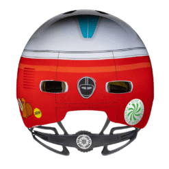 Punane ja hall kiiver lastele NUTCASE LITTLE NUTTY, Surfs Up Gloss MIPS XS, millel on värviline graafika ja must kinnitusrihm, paigutatud neutraalsele taustale.