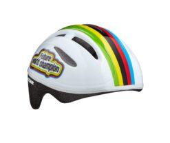 Valge laste jalgrattakiiver Lazer Bob Future World Champion värviliste triipude ja mustriga, külgvaates, millel on muste õhuavasid ja hallist materjalist alus.