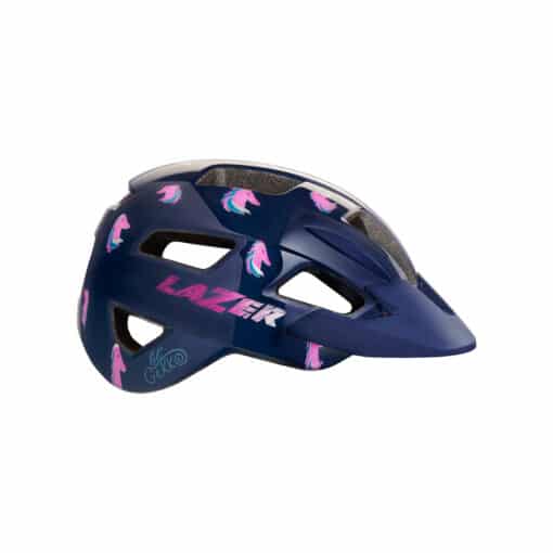 Tumesinine Lastekiiver LAZER Lil' Gekko, Pony, millel on roosad poni illustratsioonid ja modernsed ventilatsiooniavad. Kiivri disain on ühtaegu turvaline ja mänguline, sobides ideaalselt lastele, kes armastavad seiklusi.