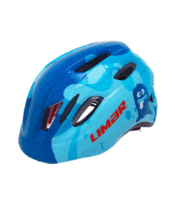 Lastekiiver LIMAR Kid Pro S, Ghost Blue, sinises toonis, kaunistatud lõbusate multikategelaste piltidega. Kiivril on kulumiskindel materjal ja head õhuavad mugavama sõidu tagamiseks. Taust on neutraalselt hall.