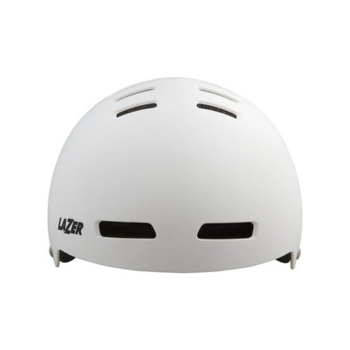 Kiiver LAZER ONE+, Matte White (L) on taustal, mustad ventilatsiooniavad ja LAZER logo vasakul pool.