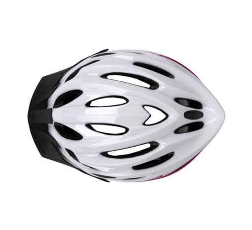 Rattakiiver Limar Scrambler valge-roosa M | E-pood Tootemaailm Kiiver LIMAR Scrambler, White Pink (M), vaade ülalt. Kiivril on valge ja roosa värvilahendus ning mustad ventilatsiooniavad, pakkudes nii stiili kui ka ohutust maastikusõidul.