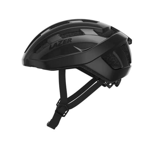 Must jalgrattakiiver LAZER Tempo KinetiCore CECPSC, Black Unisize, millel on aerodünaamiline disain ja kindel kinnitusrihm, hele hall taust.