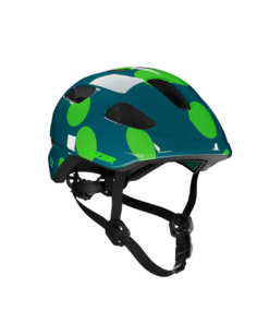 Lastekiiver LAZER HMT Nutz 2.0 KC, Green Dots, näitab silmatorkavat roheline täppega disaini tumedal taustal, reguleeritavate mustade rihmade ja mugavate ventilatsiooniavadega.