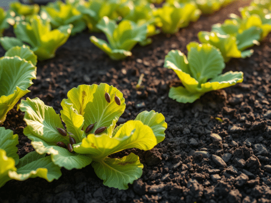 Nälkjad ja teokahjustusega salatilehed niiskel peenral varahommikul
