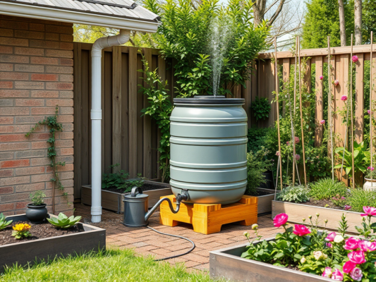 Vihmaveetünn aia ääres koos vihmaveerenniga, kraani ja peenardega