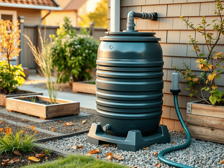 Aias paigaldatud vihmaveetünn koos vihmaveetoruga, kaanega ja talveks ettevalmistatud ümbrusega