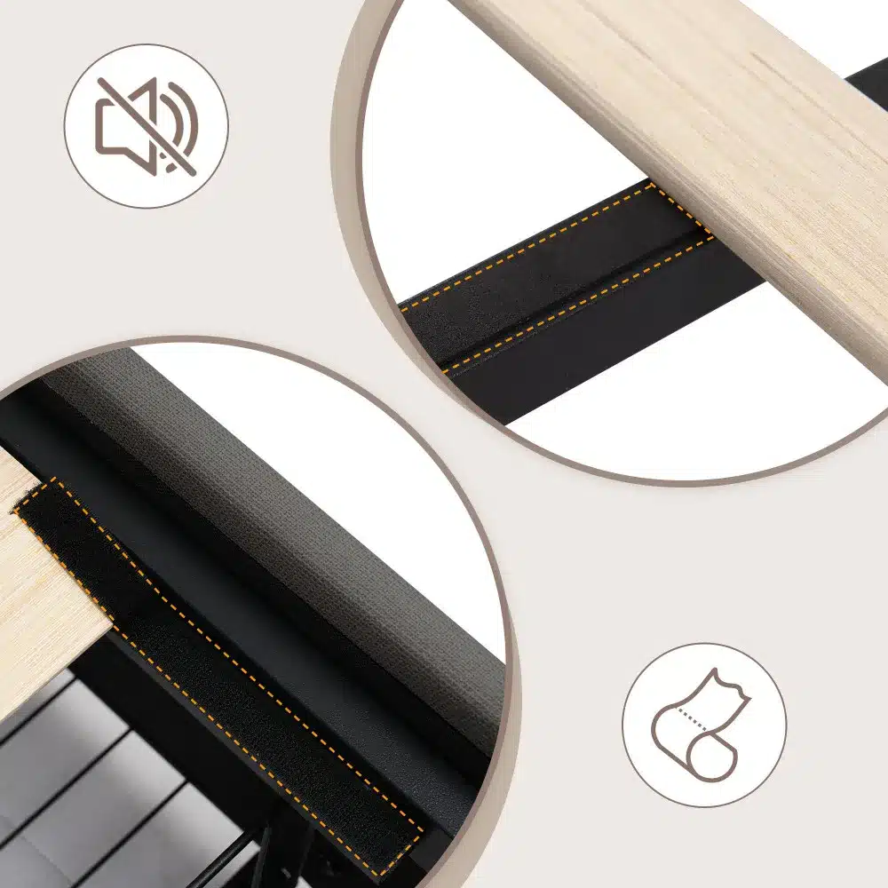 Voodi USB laadijaga ja LED valgustusega, 2 sahtlit. Pildil on detailne vaade voodi tugevale mustale konstruktsioonile, mille erk kollane õmblus lisab stiilsust. Voodi hele puitmaterjal täiendab modernset kujundust vaikset ja stabiilset uneelamust pakkudes.