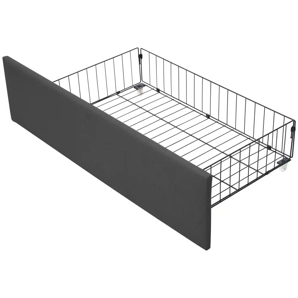 Metallist ja polsterdatud voodialune sahtel, mis on osa voodist USB laadijaga ja LED valgustusega, 2 sahtlit. Sahtli must metallikonstruktsioon koos polsterdusega, ideaalne hoiustamiseks.