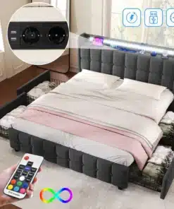 Elegantne hall Voodi USB laadimise, LED valguse ja sahtlitega 180x200, asetatud valgusküllasesse magamistuppa. Voodi küljel on kaks lahtivõetavat sahtlit, kuhu on paigutatud tekid ja padjad. Voodi peatsil on sisseehitatud USB laadimisjaam ja LED-valgusriba, mida juhitakse kaugjuhtimispuldiga.