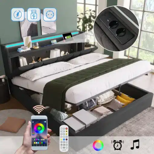 Polsterdatud kaheinimesevoodi USB ja LED, 140x200, panipaik, pildi keskel. Tumeda kangaga kaetud voodi, millele on lisatud reguleeritav LED-valgustus ja USB-pesad. Voodi all on avatud panipaik igapäevaste esemetega heledal vaibal valgusküllases toas.