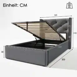 Hallist puuvillast üheinimese voodi mõõtmetega 90x200 cm, millel on elegantne peatsi ning ruumikas panipaik tõstetava voodiraami all. Taust on hele ja minimalistlik, rõhutades toote kaasaegset disaini.