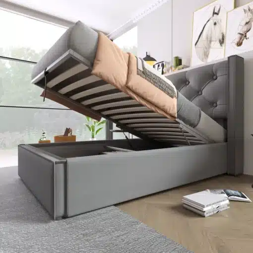 Üheinimese voodi panipaigaga, hall puuvill, 90x200 cm | E-pood Tootemaailm Hall puuvillane üheinimese voodi panipaigaga, mõõtmetega 90x200 cm, avatud asendis, et näidata mahukat hoiustamisruumi helehallil põrandal modernses magamistoas.
