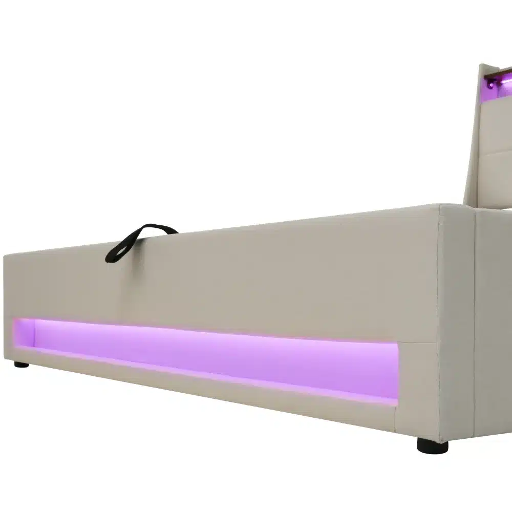 Elegantne üheinimesevoodi USB pesaga ja LED valgustusega 90x200, hele beež kangas ja lilla LED valgus, mugav ja innovatiivne disain.