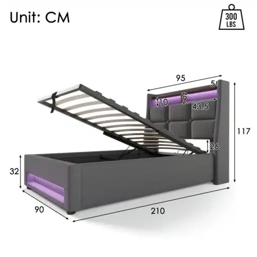 Üheinimesevoodi USB pesaga, metallraam, 90x200 cm, halli kangaga polsterdatud peatsiga. Voodil on vertikaalselt avanev mehhanism, mille all on avar panipaik. Tagasihoidlikud LED-tuled lisavad modernse ilme.