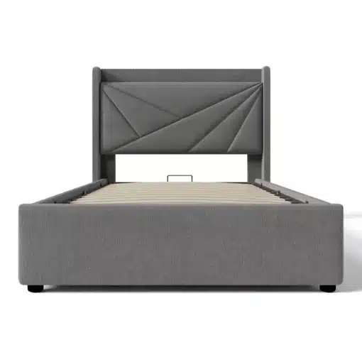 Hall üheinimese voodi panipaigaga ja USB Type-C laadijaga, elegantses kaasaegses disainis puidust raam, halli polstriga ja geomeetrilise peatsiga.