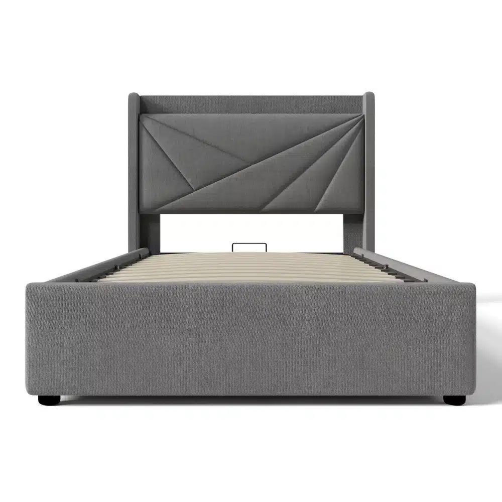 Hall kangaga kaetud modernse disainiga üheinimese voodi, millel on stiilne geomeetriline peats. Voodil on integreeritud panipaik ja kaasaegne USB Type-C laadija, sobides hästi minimalistlikku magamistuppa.