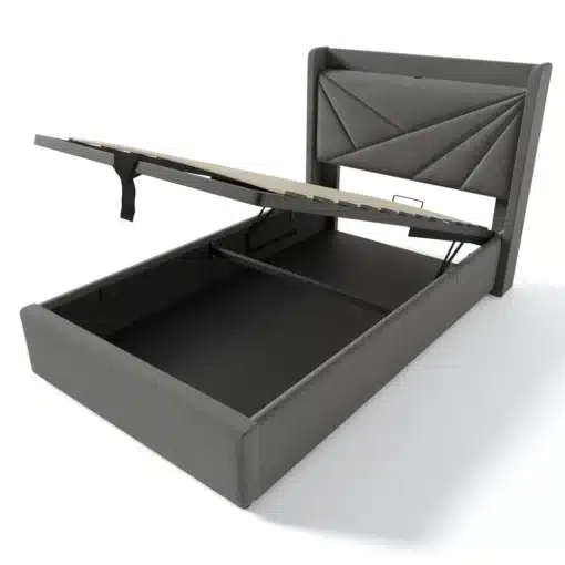 Hall üheinimese voodi panipaigaga, millel on avatud hoiukast ja USB Type-C laadija, asub valgel taustal. Voodi peats on musterlik ja polsterdatud.