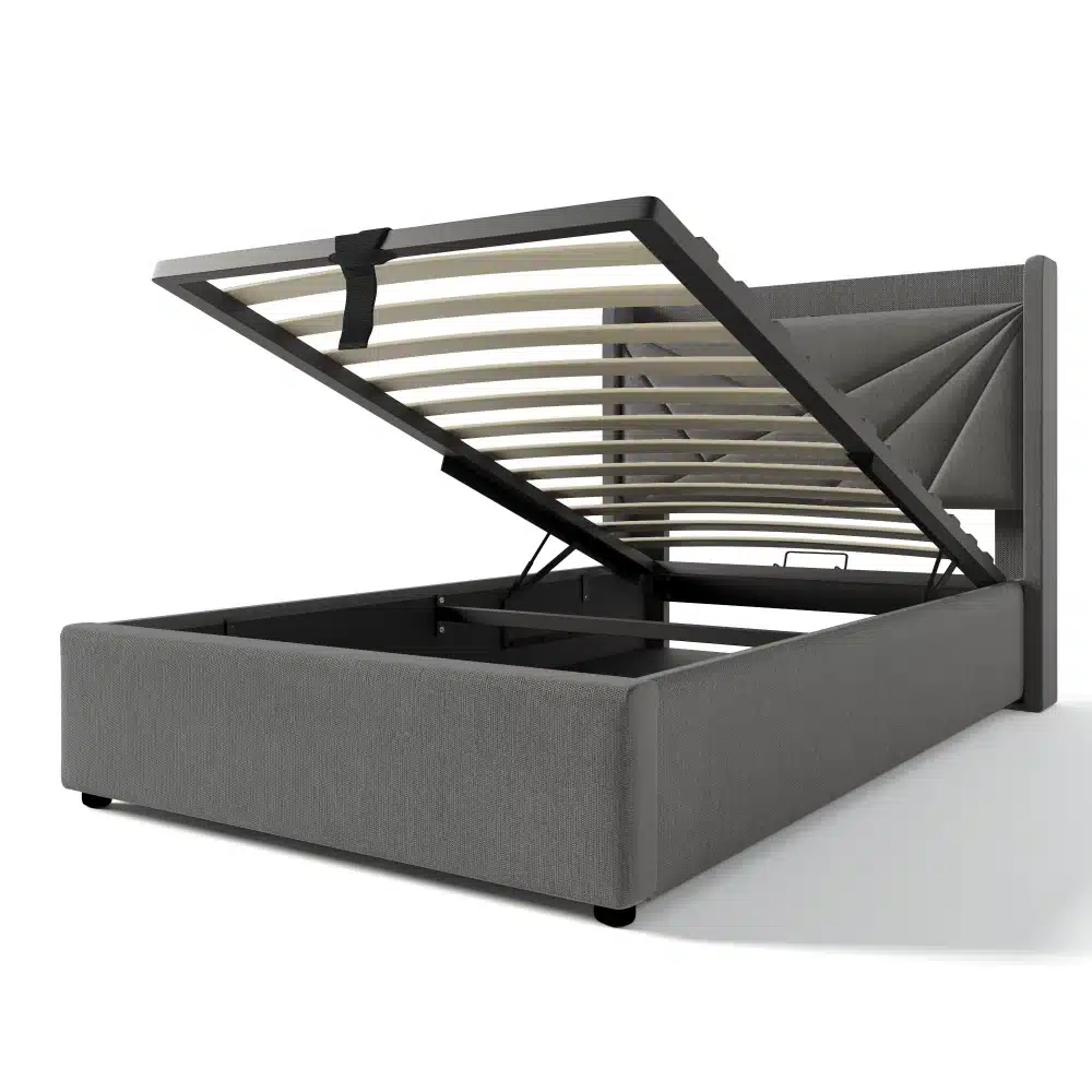 Hall üheinimese voodi, avatud panipaik, kus on USB Type-C laadija, asetatud valgele taustale. Voodi on minimalistliku disainiga ja kangaga kaetud.