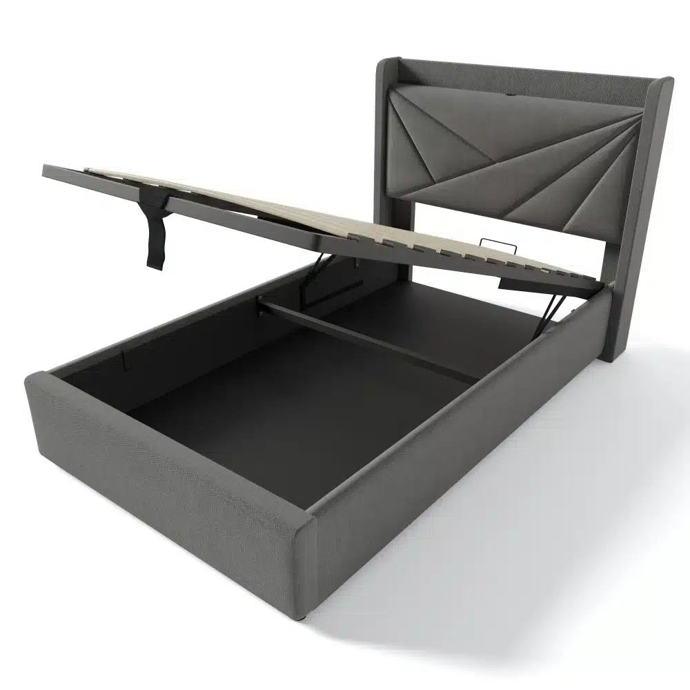 Hall üheinimese voodi panipaigaga ja USB Type-C laadijaga, tõstetud voodiraam võimaldamas ligipääsu mahukale panipaigale, kaasaegne disain ja tugev konstruktsioon.