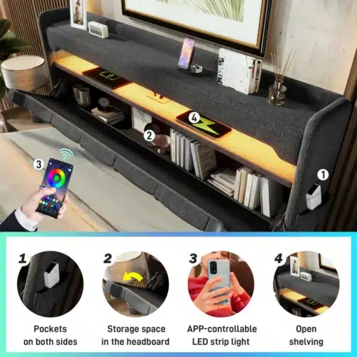 Modernne voodi halli kangaga, mis on varustatud integreeritud USB-pesade ja LED-valgustusega. Voodipeatsi peal on telefonid ja raamatud, külgedel taskud lisatarvikute hoiustamiseks.