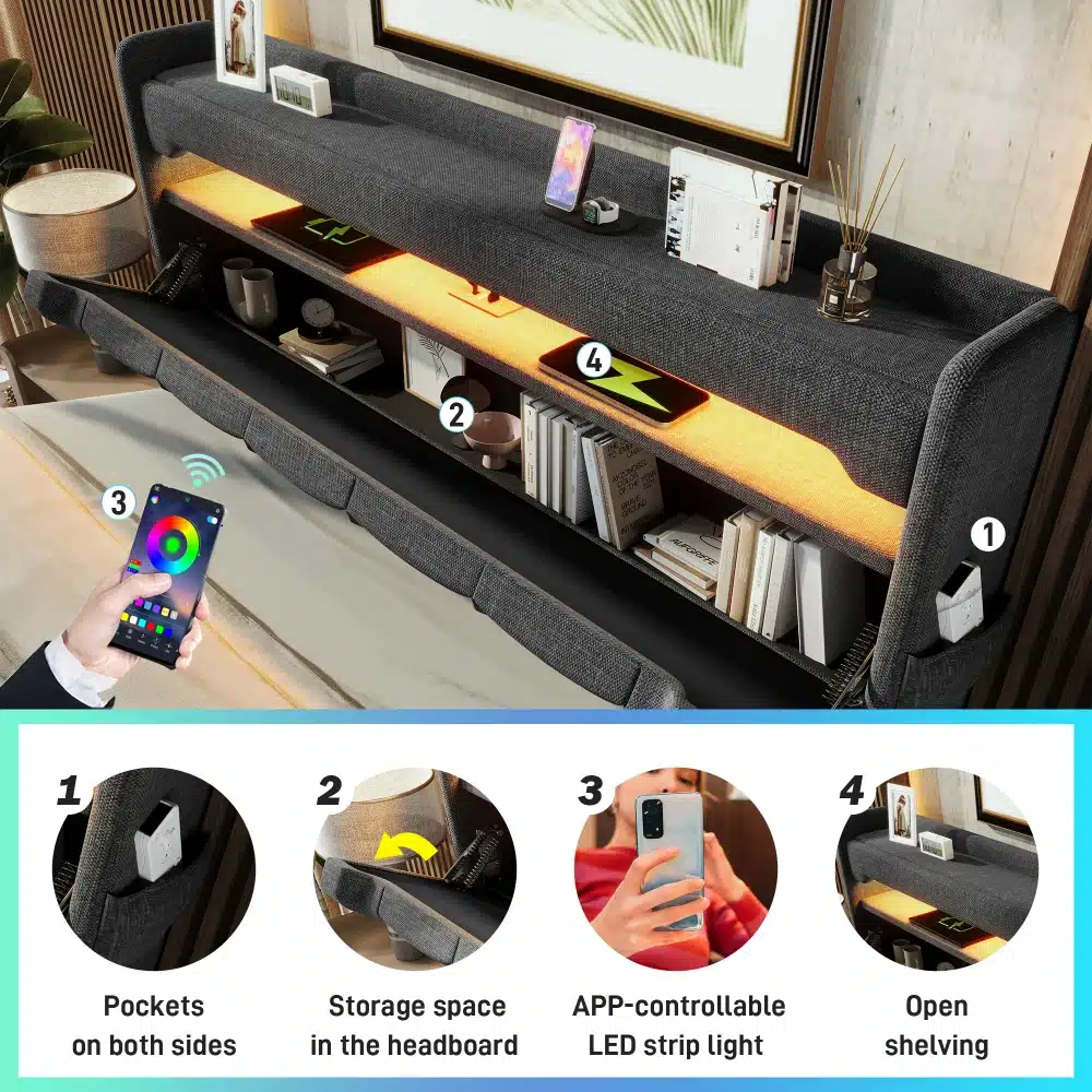 Voodi panipaigaga ja USB ning LED valgustusega, millel on hall kangas ja mugavad taskud külgedel. Taustal on toataimed ja seinapilt. Peakohal asub ajalookapp LED ribaga, mille valgus on juhitav mobiilirakenduse kaudu.