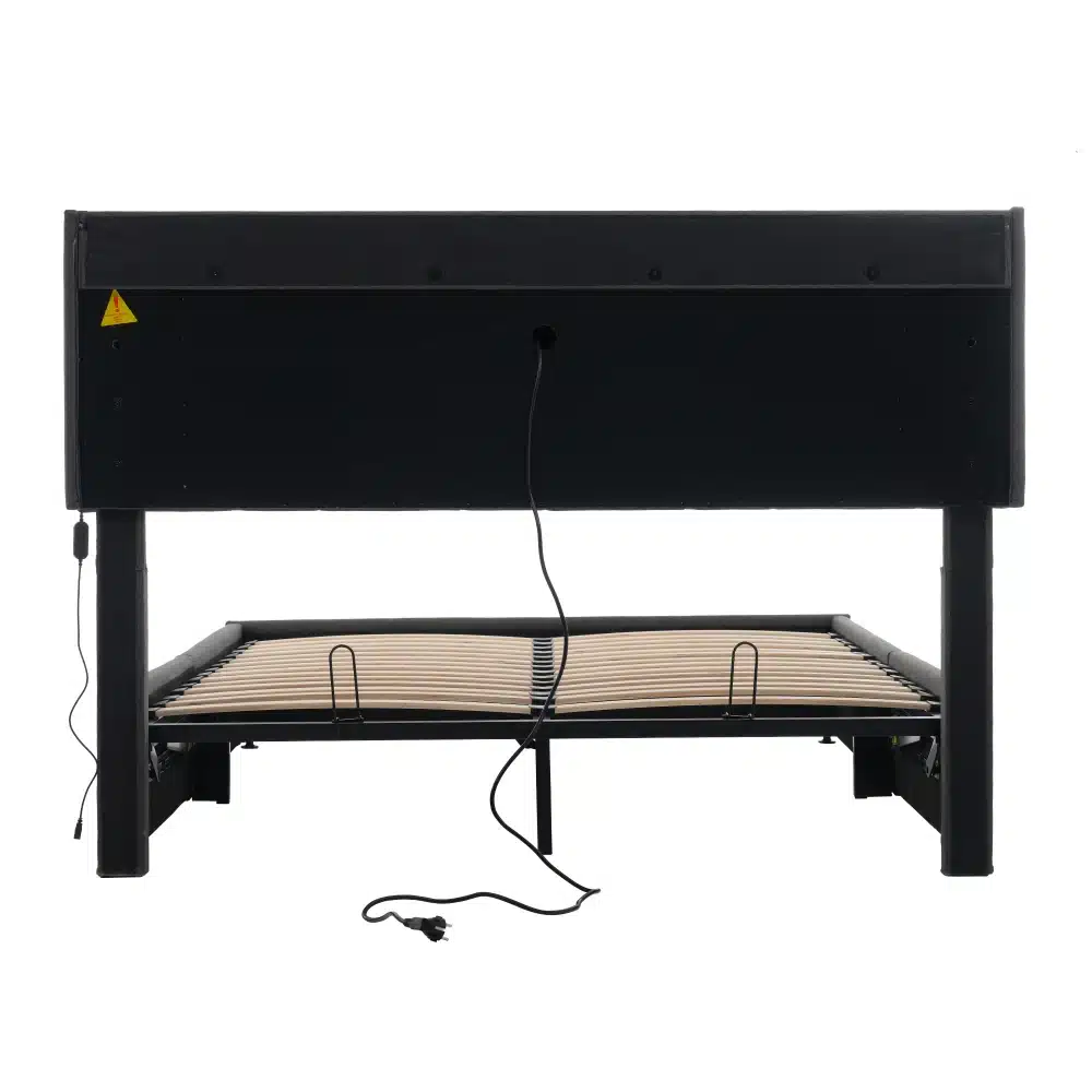 Kaasaegne voodi USB laadija ja LED peatsiga 160x200, millel on must raam ja puidust liistud, ning voodipeatsisse integreeritud laadimiskaabel.