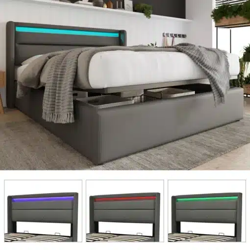 Hall tõstemehhanismiga voodi LED valgustusega suuruses 140x200, pehme kangaga polster ja kolmevärviline valgustus kohal mugavas ja kaasaegses magamistoas.