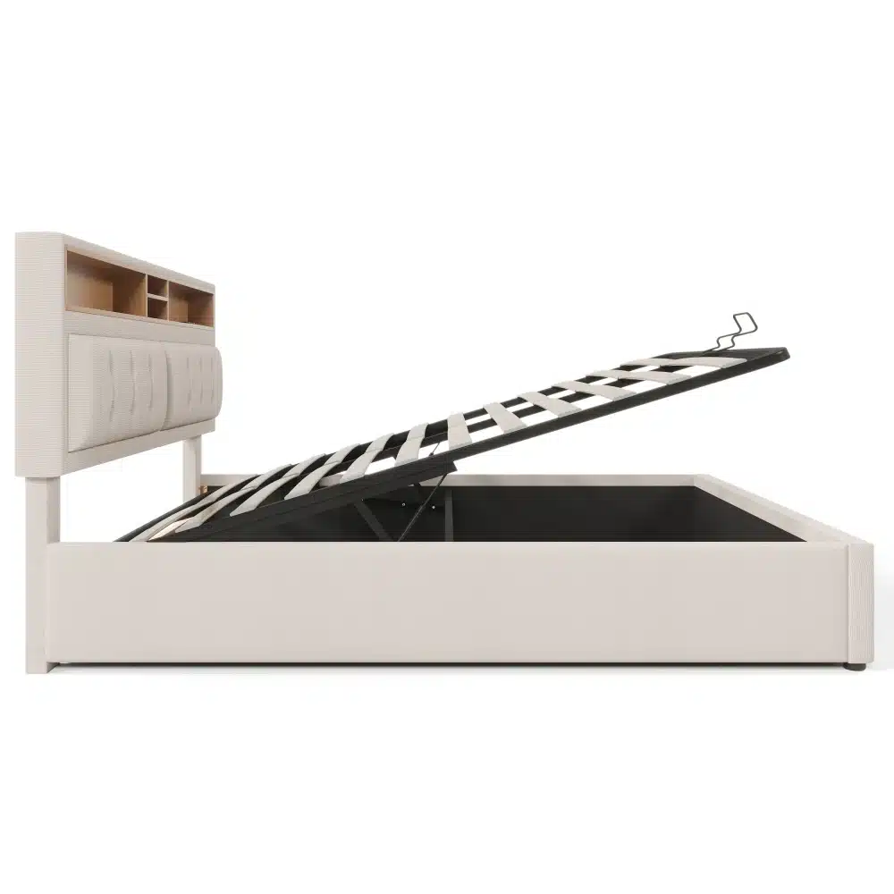 Stiilne voodi USB-C laadijaga ja panipaigaga 160x200 helebeeži kangaga ja reguleeritava peatsiga. Voodi sisaldab tõstetavat määra ja optimaalset ladustamisruumi mustal metallraamil. Kvaliteetne ja mugav magamistoa lahendus.