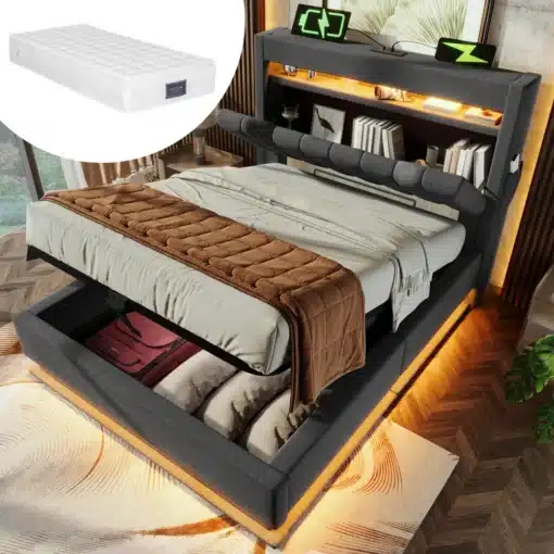 Voodi pesukastiga, USB ja LED valgustusega 90x200, pildil näha hall voodi pruunika päevatekiga, tõstetav madrats, valgustus ja kaks USB laadijapunkti voodiotsal.