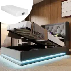 Pilt näitab elegantset halli magamistoa voodit suurusega 90×200, millel on avatud pesukast. Voodil on peats, taustal on näha puidust sein ning pehme hall polster. USB- ja LED-valgustused loovad moodsa atmosfääri.