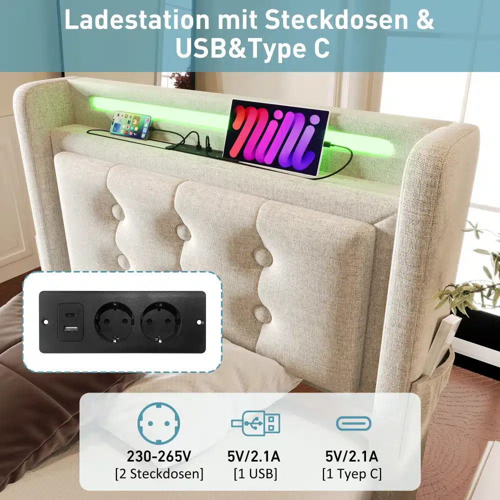 Hele hall voodi pesukastiga, millel on USB-C ühendus ja LED-valgustusega peats. Peatseid katab polsterdus ning seal on laadimiskaabel koos nutitelefoniga.