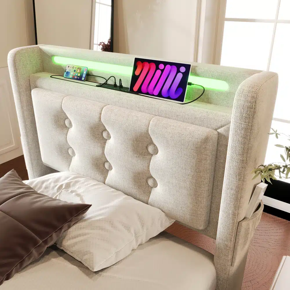 Voodi pesukastiga, LED-peatsiga ja USB-C, 90x200 cm, hubases magamistoas. Peatsis integreeritud LED ja USB-C port nutiseadmete laadimiseks, heleroheline taustavalgus ja puhas modernne disain.