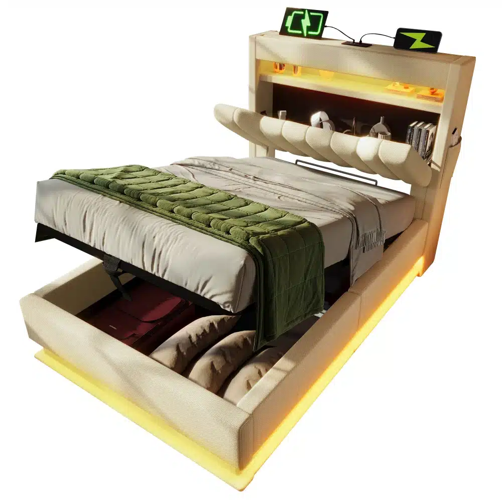 Pesukastiga voodi LED-valgustusega ja USB, 90x200 cm, heledas toonis kangast polsterdusega. Voodi ees on avatud pesukast, mis hoiab mitmeid tekstiilesemeid. Peatsi kohal on LED-valgustus ja USB-laadimispordid, taustal hele sein ja sisustuselemendid.