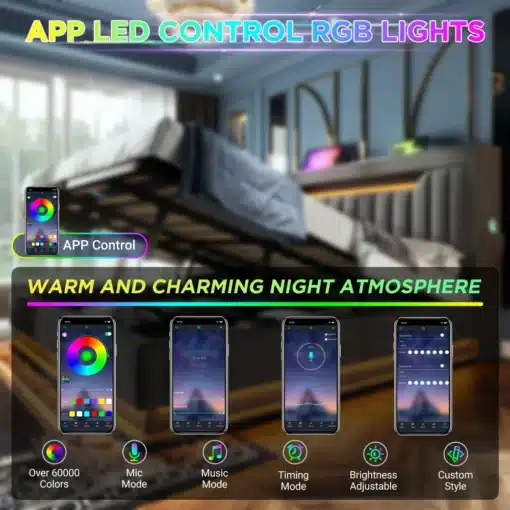Voodi pesukastiga, USB ja LED valgustusega 90x200, sisaldab erinevate seadete ja värvide kontrollimiseks LED RGB valgustust. Pildil kuvatud on toapind, kus voodi asub, rõhutades selle puhta ja minimalistliku disaini.