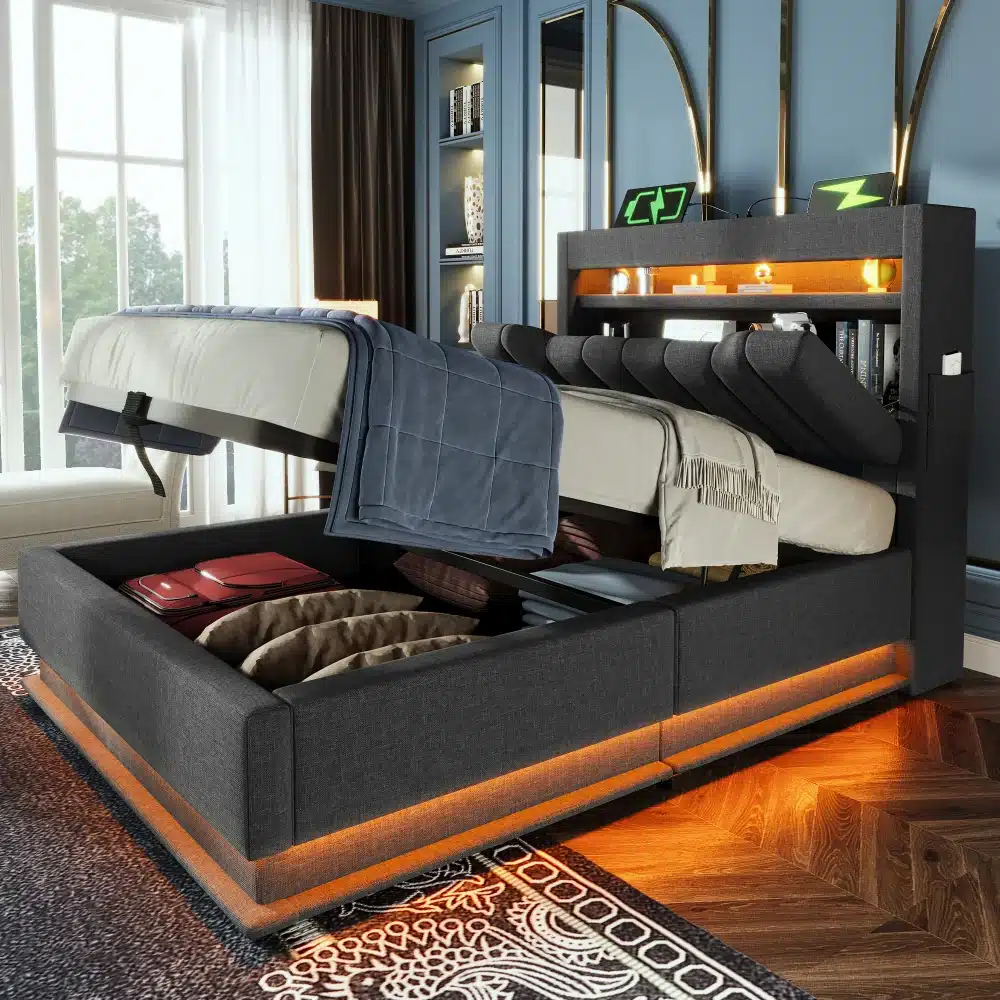 Tumehall voodi pesukastiga, USB ja LED valgustusega, mõõdus 90x200, elegantse disainiga valgusküllases magamistoas.