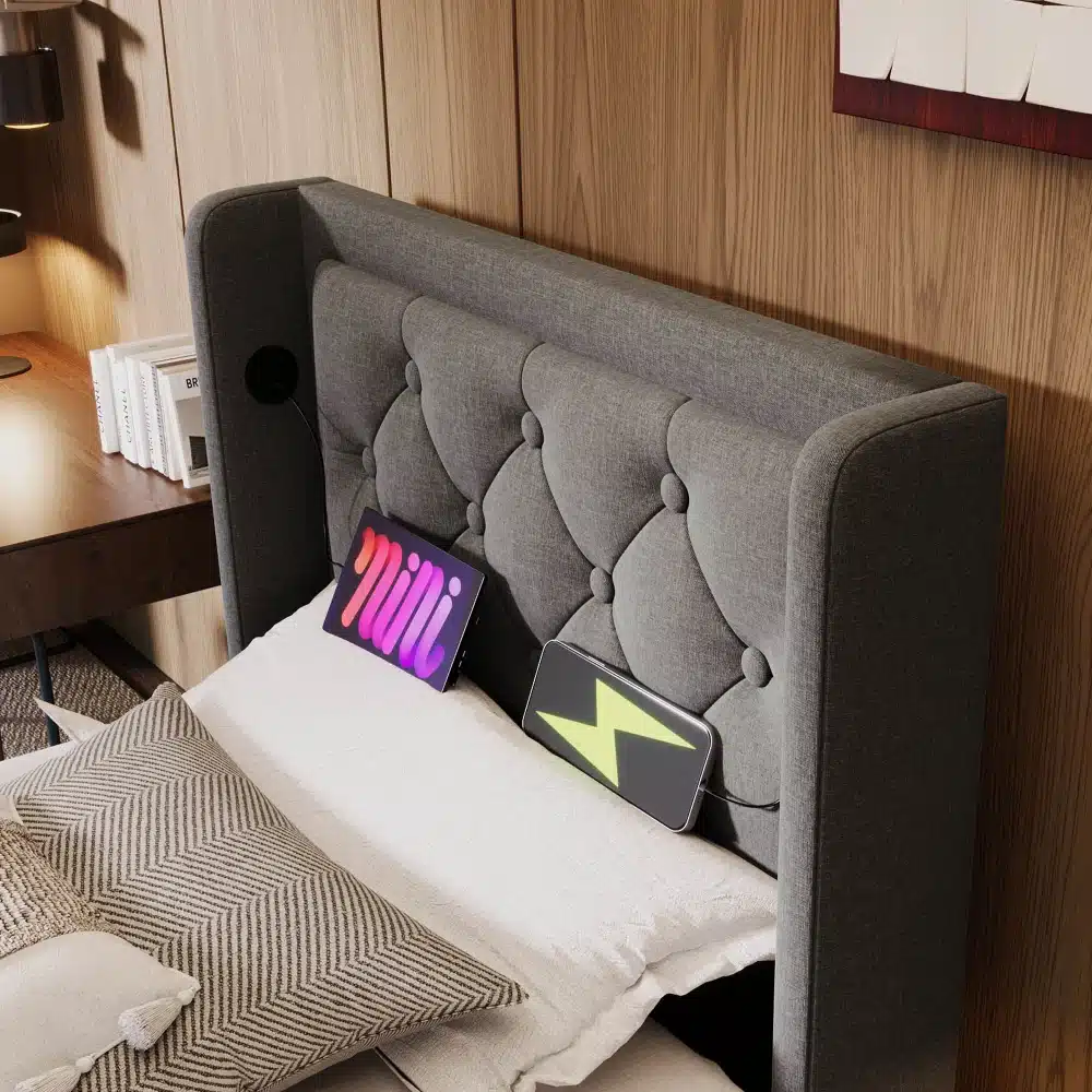 Hall, polsterdatud peatsiga voodi pesukastiga, USB ja LED-valgustusega. Voodi asub soojas puidust magamistoas, millel on modernne disain ja lisatarvikud.