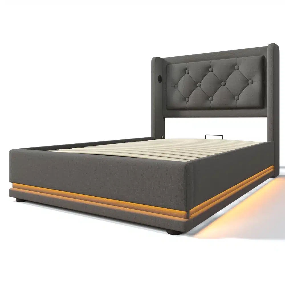 Stiilne hall voodi pesukastiga, USB ja LED-valgustusega, mõõtmetega 90x200, elegantne ja funktsionaalne disain.