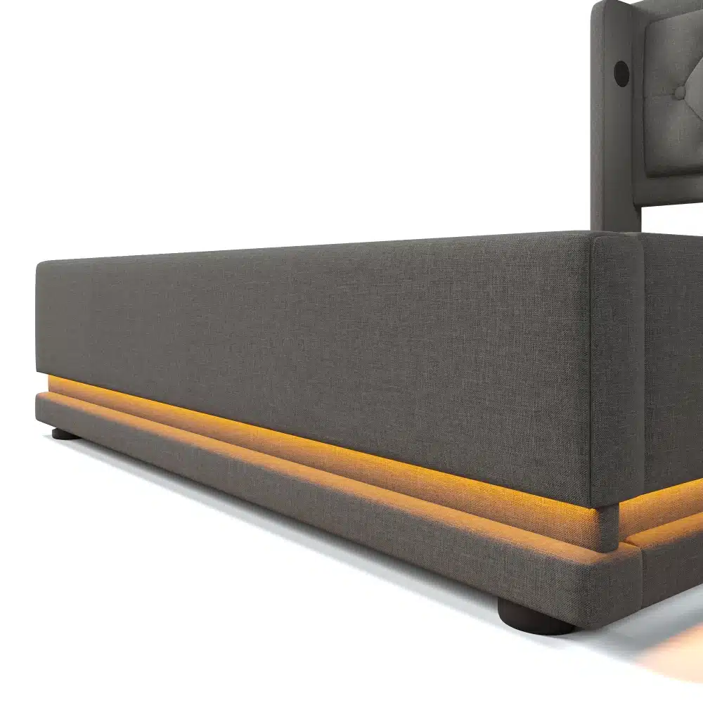 Stiilne hall pesukastiga voodi, mille esipaneel on valgustatud LED tuledega, pakkudes modernset ja funktsionaalset disaini. Sobib ideaalselt kaasaegsesse magamistuppa ning sisaldab ka USB Type-C pesasid.