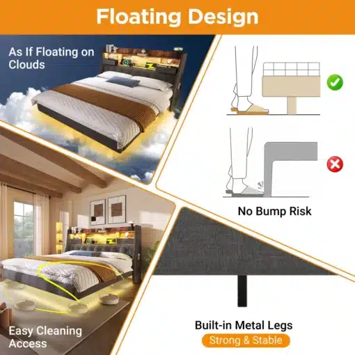 Suur voodi 180x200 LED valgustuse ja panipaigaga, mis näeb välja nagu hõljuks pilvede kohal; tume puidust peats, sisseehitatud metallist jalad ning lahtise juurdepääsualaga hõlpsaks puhastamiseks.