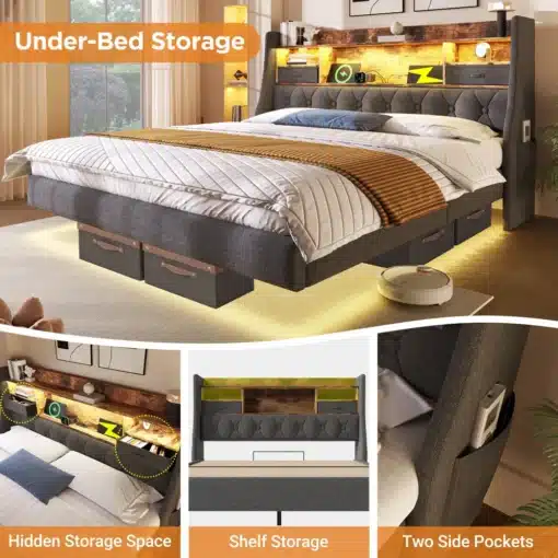 Suur voodi mõõtudega 180x200, hallist kangast korpus, LED valgustus riiulil ja praktilised panipaigad all. Kaasaegne magamistoa mööbel soojas interjööris.