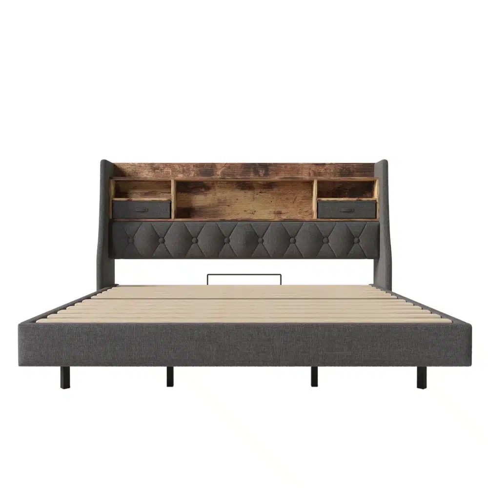 Stiilne suur voodi mõõtmetega 180x200, millel on integreeritud LED valgustus ja praktilised panipaigad. Peats on polsterdatud tumeda halli kangaga ning tagab mugavuse. Voodekülgede juures puidust riiulid lisavad sooja ja elegantse välimuse.