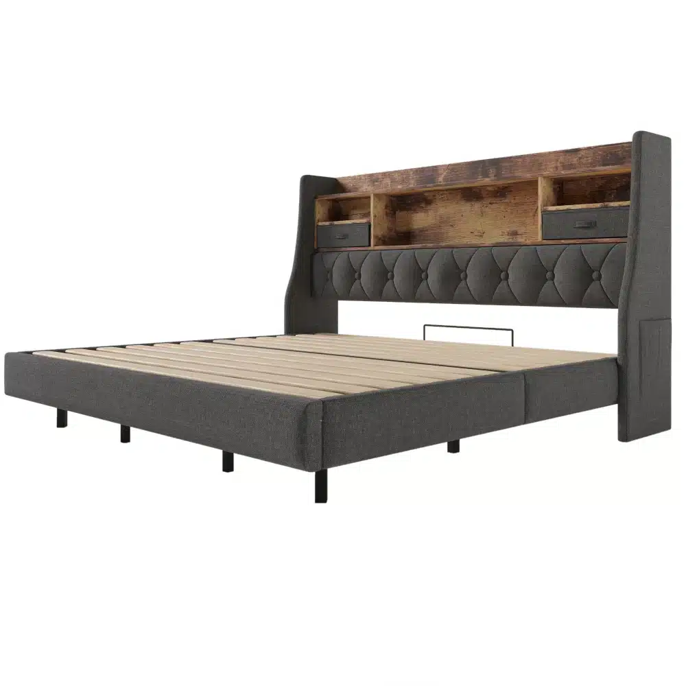 Suur voodi 180x200 LED valgustuse ja panipaigaga, hall polsterdatud raam, rustikaalsed puidu detailid peatsis, metallist jalad. Modernne disain koos praktiliste hoiulahendustega.