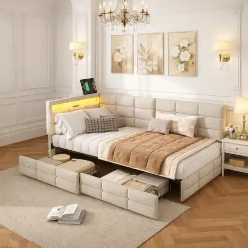 Elegantne Voodi sahtlite ja LED-valgustusega 90x200 valges magamistoas, pastelse voodipesu ja dekoratiivpatjadega. Voodi all avatud sahtlid ja peatsil süttiv LED-valgustus lisavad kaasaegse puudutuse.